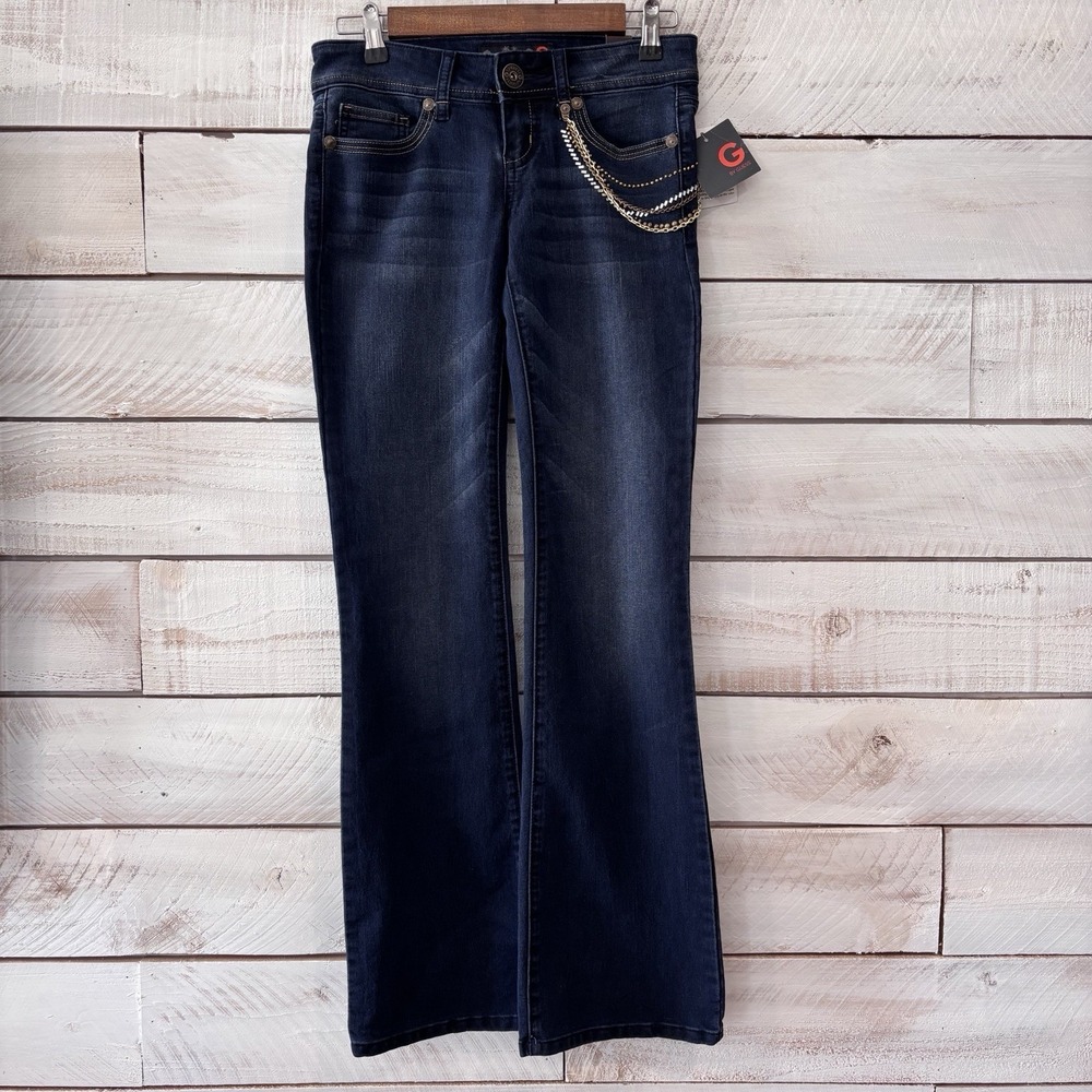 Guess Womens Size 26 Boot Cut‎ Embellished Pocket Denim Jeans Chain Dark Wash